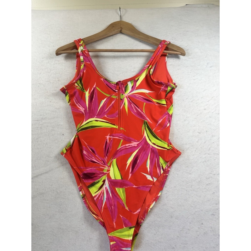 Old Navy Half Zip One-Piece Swimsuit Size XS Orange/Red Tropical Print Beach